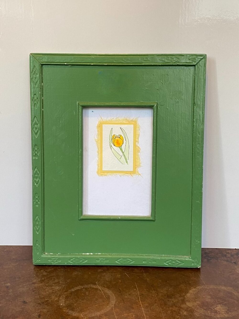 90s Yellow Tulip Painting illustration Watercolor Green Wood Frame CottageCore